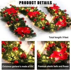 Guirlande de Noël HIIXHC illuminée, 9 pieds, en PVC, plantes artificielles, <span class=keywords><strong>vigne</strong></span> de fleurs, poinsettia, boules rouges, décorations extérieures pré-éclairées - Product Image 4