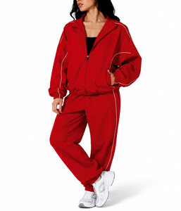 Women's Red Sporty Tracksuit <b>Set</b> Full Length Loose Fit <b>Knitted</b> Polyester Side Stripe All Seasons Wear Windbreaker Wholesale <b>Set</b> - Product Image 1