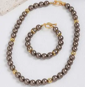 Zooying Fashion Jewelry Temperament Gold Filled Large Brown Pearl Beads Necklace Bracelet Set For Women