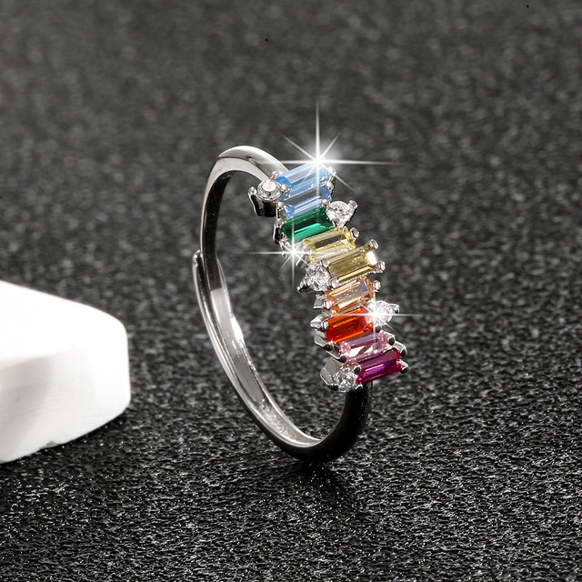Fashion Jewelry 925 Sterling Silver Rainbow Colorful Diamond Square Zircon Adjustable Opening Rings for Women Exquisite Jewelry