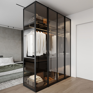 L Shaped 8 Foot <strong>Thin</strong> Slim Frame 4 Aluminum Panel White Smoked Clear Glass Shelves Sliding Cabinet Doors Walk in Closet <strong>Wardrobe</strong> - Product Image 3