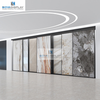 Présentoir mural métallique réglable et personnalisable pour échantillons de dalles, avec système de connexion à motif pierre et présentoir coulissant pour échantillons
