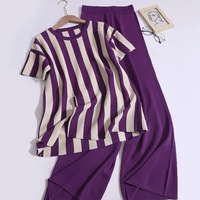 Conjunto de Dos Piezas de Punto para Mujer, Estilo Casual, Simple, a Rayas, con Abertura Lateral, para Verano, Otoño e Invierno
