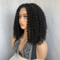 Perruque de cheveux afro bouclés crépus de 14 pouces avec filaments protéinés |   Lace Frontal HD # 1B Noir |   Élastique et sans perte de fibres, prêt à être expédié en gros