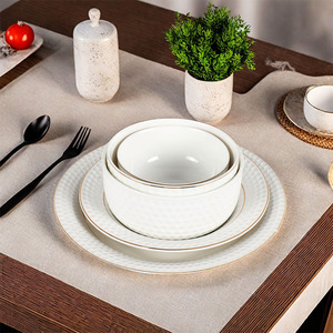 Golf-Textured Ceramic Bowl <b>Set</b> 5-Size 4.5"-10" Dimpled White & Gold Soup/Food Bowls Bulk Commercial-Grade with Non-Slip Base - Product Image 1