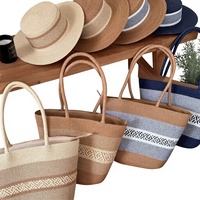 Neues Bohemian-Style Urlaubsset: Gestreifte Farbblock-Zweischultertasche mit Reißverschluss und Strohhut für Damen