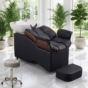 Sillón Reclinable de Peluquería Reforzado con Reposabrazos de Madera Maciza y Tapicería Impermeable de Cuero PU Cerámico para Lavado de Cabello - Product Image 1