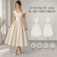 Robe Midi Femme Marque Privée, Tissée, Jupe Froncée, Col Carré, Manches Courtes, Taille Cintrée, Coupe Trapèze, pour Occasions Spéciales