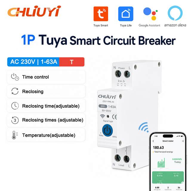 CHLIUYI Tuya 1P 63A Industrial Plastic Din Rail Installation WIFI Smart Relays Mini Smart Light Switch Circuit Breaker AC230V