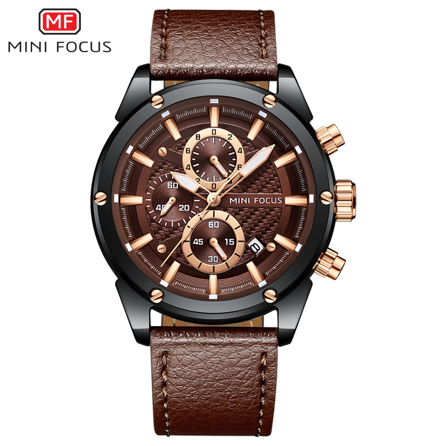 Men's Luxury Sports Quartz Watch MINI FOCUS 0161G Analog Display Fashionable Steel Alloy Waterproof Leather Strap Wristwatch