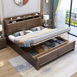 Chinese Style Walnut Wood Storage <b>Double</b> <b>Bed</b> 1.8m x 1.5m High <b>Box</b> Solid Wood Master Bedroom <b>Bed</b> - Product Image 4