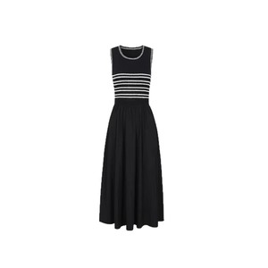 Sleeveless Knitted Dress With Stripes Elastic Waist Long <b>Skirt</b> Women Summer O Neck Polyester Woven <b>Patchwork</b> Dress - Product Image 5