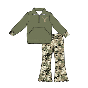 Ensemble de vêtements pour petites filles, motif camouflage de cerf, pull à bord festonné et pantalon évasé, vente en gros, tenues assorties pour sœurs - Product Image 5