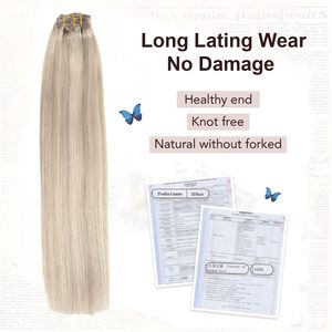Extensions de <span class=keywords><strong>cheveux</strong></span> indiens à clipser, <span class=keywords><strong>cheveux</strong></span> humains Remy véritables, 120g, 18 pouces, blond cendré, blond décoloré, lisses et soyeux, 6 pièces - Product Image 2