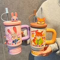 Bouteille isotherme et thermos en céramique grande capacité, motif dessin animé, avec couvercle, poignée et paille, idéale pour cadeau de Noël