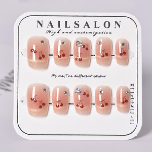 Lot de 10 faux ongles courts œil de chat cerise faits à la main, à pression, sensation premium, logo personnalisable - Product Image 4