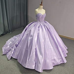 Robe de bal longue en satin lilas, épaules dénudées, taille naturelle, avec appliques en dentelle et cristaux, pour Quinceañera et anniversaire, 1237 - Product Image 4
