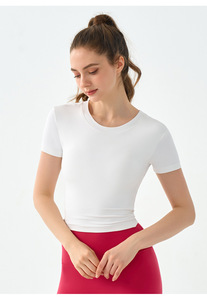 Women Criss Cross Twist <b>Open</b> Back Yoga Crop Top Short Sleeve Slim Stretch Athletic T-Shirt Built in <b>Bra</b> Pilates Workout Shirt - Product Image 2