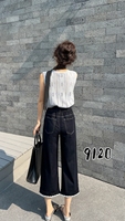 Jeans amples taille haute élastiques pour femme, couleur unie, coupe droite, avec revers volantés, pour l'été – Vente en gros
