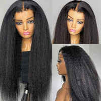 Perruque Lace Front HD 13x4 en Cheveux Humains Vierges Bruts Yaki Lisse, Longue Perruque Bandeau Sans Couture Afro Kinky Lisse pour Femme