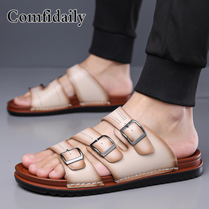 Comfdaily Men Genuine Leather <b>Slides</b> Open Toe Anti <b>Slip</b> Rubber Outsole Casual Summer Sandals - Product Image 1