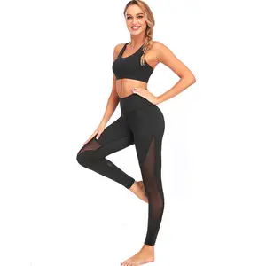 Oem preta leggings de malha e sutiã esportivo, atacado, roupas de academia, conjunto de duas peças, roupa fitness desgaste