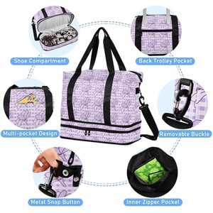 Sac de voyage pliable pour femme en nylon imprimé personnalisé avec motif de fleurs de palaka violettes d'Hawaï, 2 pièces, avec compartiment pour chaussures - Product Image 5