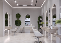 Solution complète de mobilier de salon avec conception 3D gratuite – Salon de coiffure tout-en-un, salon de manucure moderne et luxueux, ensemble de meubles vitrine.