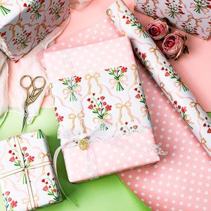 Pink flowered <b>bow</b> Valentines Day wedding holiday <b>gift</b> wrapping paper double sided printed with pink dots customizable - Product Image 1