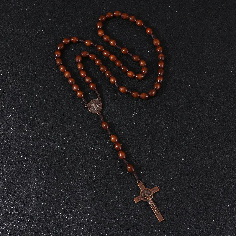KOMi Christ Wooden Beads 9*10mm Rosary Bead Cross Pendant Woven Rope Chain Necklace Religious Jewelry Accessories R-192
