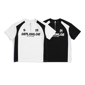 Black White Color Block Jersey Style T-Shirt Men's Outfit Half Zip Motorcycle <b>Short</b> <b>Sleeve</b> Summer Trendy Couple <b>Sweatshirt</b> - Product Image 6