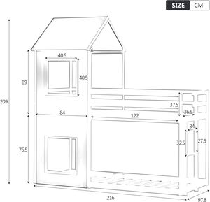 Lit superposé en bois pour enfants 90x200cm, lit mezzanine 2 places avec design <span class=keywords><strong>cabane</strong></span> et barrière, pour chambre à coucher - Product Image 6