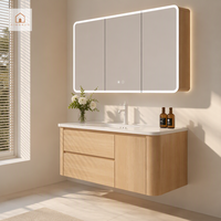Mueble de Baño Moderno Minimalista XINGRUO de Madera Contrachapada de Roble con Lavabo de Piedra Sinterizada, Mueble Flotante para Suite Principal de Villa de Lujo
