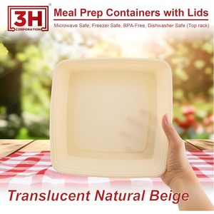 กล่องเตรียมอาหาร 3H ขนาด 48 ออนซ์ แพ็ค 100 ชิ้น, กล่องใส่อาหารแบบสี่เหลี่ยมพร้อมฝาปิด 200 ชิ้น, ปลอดสาร BPA, ใช้กับไมโครเวฟ/เครื่องล้างจาน/ช่องแช่แข็งได้ - Product Image 4