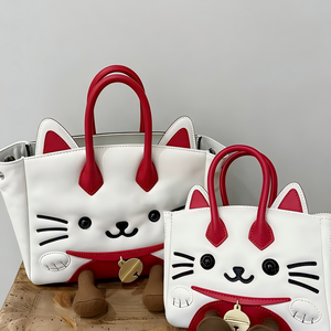 Bolsa Transversal de Pelúcia Dobrável e Portátil de Couro Microfibra Impermeável com Gato Branco Fofo e Gato da Sorte de Desenho Animado - Product Image 2