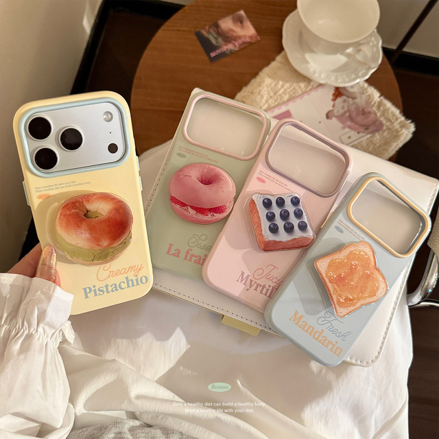 Bread Toast Cartoon Stand TPU Phone Case for iPhone 17 Pro Max 16 15 14 13 Shockproof Cell Mobile Phone Cover Food Holder