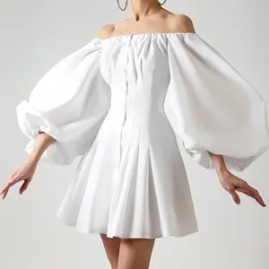Vestido de primavera con hombros descubiertos y mangas abombadas para mujer, vestido femenino de Color sólido con temperamento, venta al por mayor y Boutique, 2021