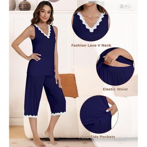 Pyjama en coton personnalisé pour femmes, ensemble de pyjama sans manches, col en V, pantalon capri, vêtements de nuit en viscose de bambou, respirant et rafraîchissant - Product Image 4