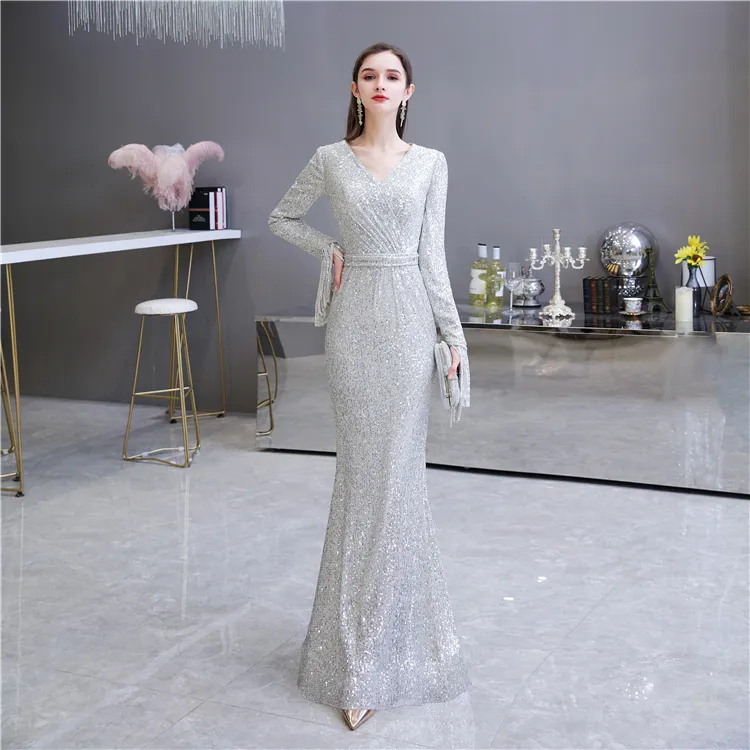NWE2002 Elegant Long Sleeves Sequin Lace Evening Party Dress