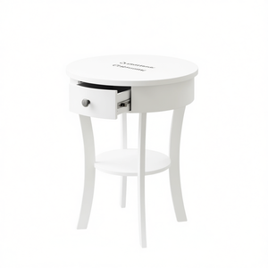 Tavolino Rotondo a 2 Ripiani con Cassetto, Mobile da Soggiorno in Legno Bianco, Design Moderno e Contemporaneo - Product Image 1