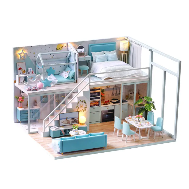 Ultima popolare casa delle bambole in miniatura romantica giocattolo educativo in legno con mobili fai da te giocattoli per bambini blu modello regalo