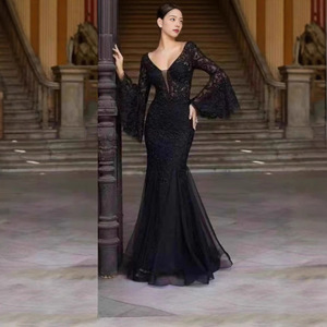 Vestido de Noche Largo Estilo Sirena con Cuello en V, Bordado, Capa Transparente, Estilo Vintage, Vestido de Banquete con Cintura Natural - Product Image 2