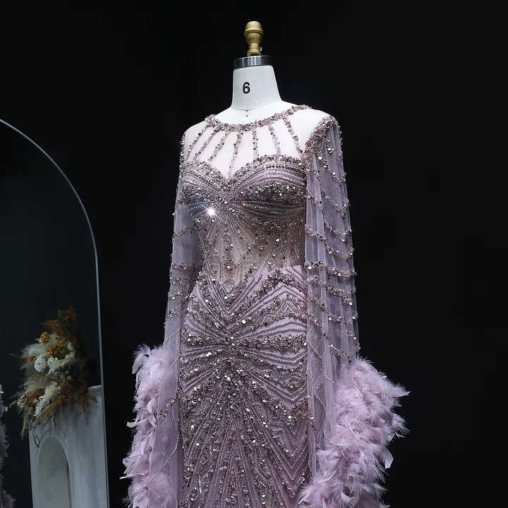 Luxury Caramel Off Shoulder Beaded Feather Mermaid Evening Dress LA73193 main image 1