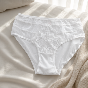 Sous-vêtements pour femmes à porter au quotidien, taille haute, en tricot, spandex/nylon, avec panneau en dentelle brodée de feuilles - Product Image 2