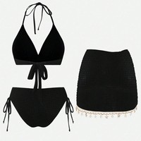 Pour le commerce extérieur 2026 Nouveau maillot de bain trois pièces sexy pour femme, style européen/américain, avec licol, franges et lacets, pour la plage