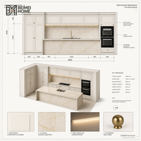 Meubles de cuisine modernes blanc crème, îlot cascade en quartzite Taj Mahal à bords biseautés, menuiserie de penthouse