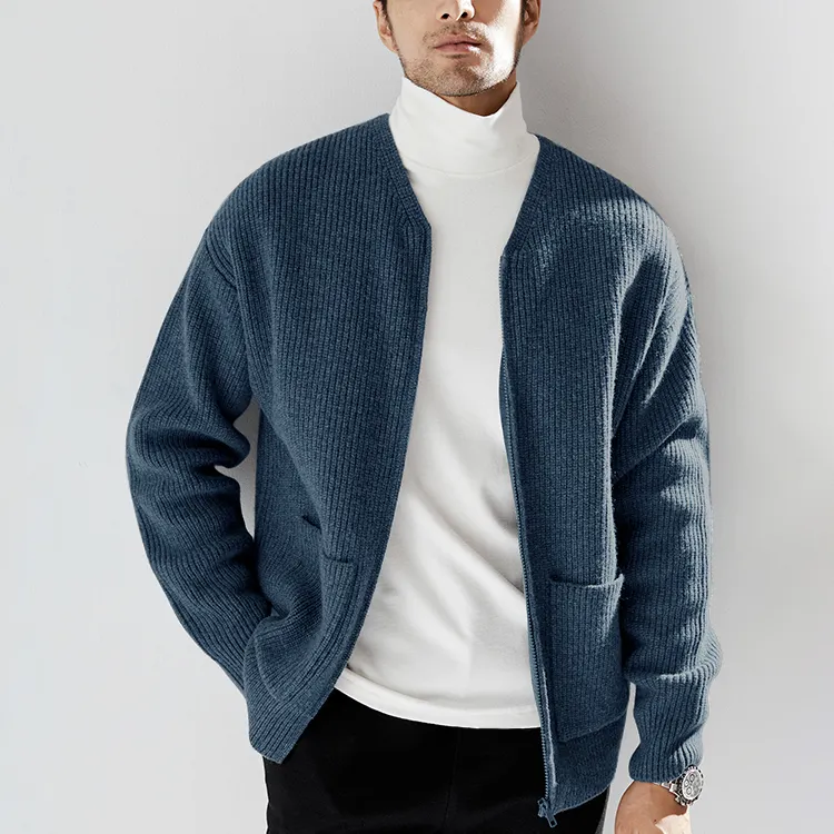 Custom Logo Long Sleeve Full Zipper 7gg Cardigan Knit Sweater Male Mock Neck Knitted Men's Sweater Cardigan