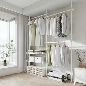 Kamar Tidur Sederhana Kecil Rak Gantung Pakaian Berdiri Tanpa Bor Putih Rak Pakaian Penyimpanan Rak Pakaian Logam untuk Menggantung Pakaian