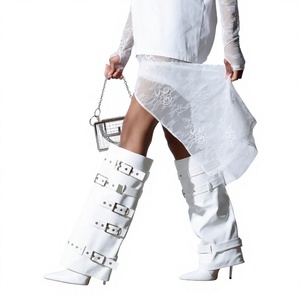 Botas Blancas hasta la Rodilla, Estilo Occidental, Tacón de Aguja, Punta Puntiaguda, Decoración con Hebilla, Botas de Vestir para Mujer - Product Image 4