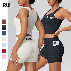 ชุดโยคะผู้หญิง RUIQUWIN กางเกงขาสั้นเอวสูงยกกระชับสะโพก มีกระเป๋า เสื้อโยคะแขนกุด ระบายเหงื่อ ชุดออกกำลังกาย - Product Image 1